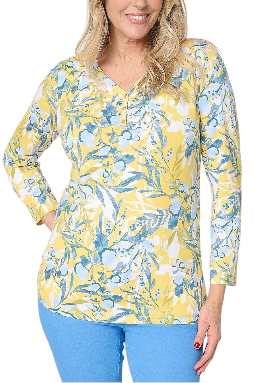 Denim & Co. Jersey Bracelet Sleeve Sweetheart Neck Printed Top Yellow - Regular